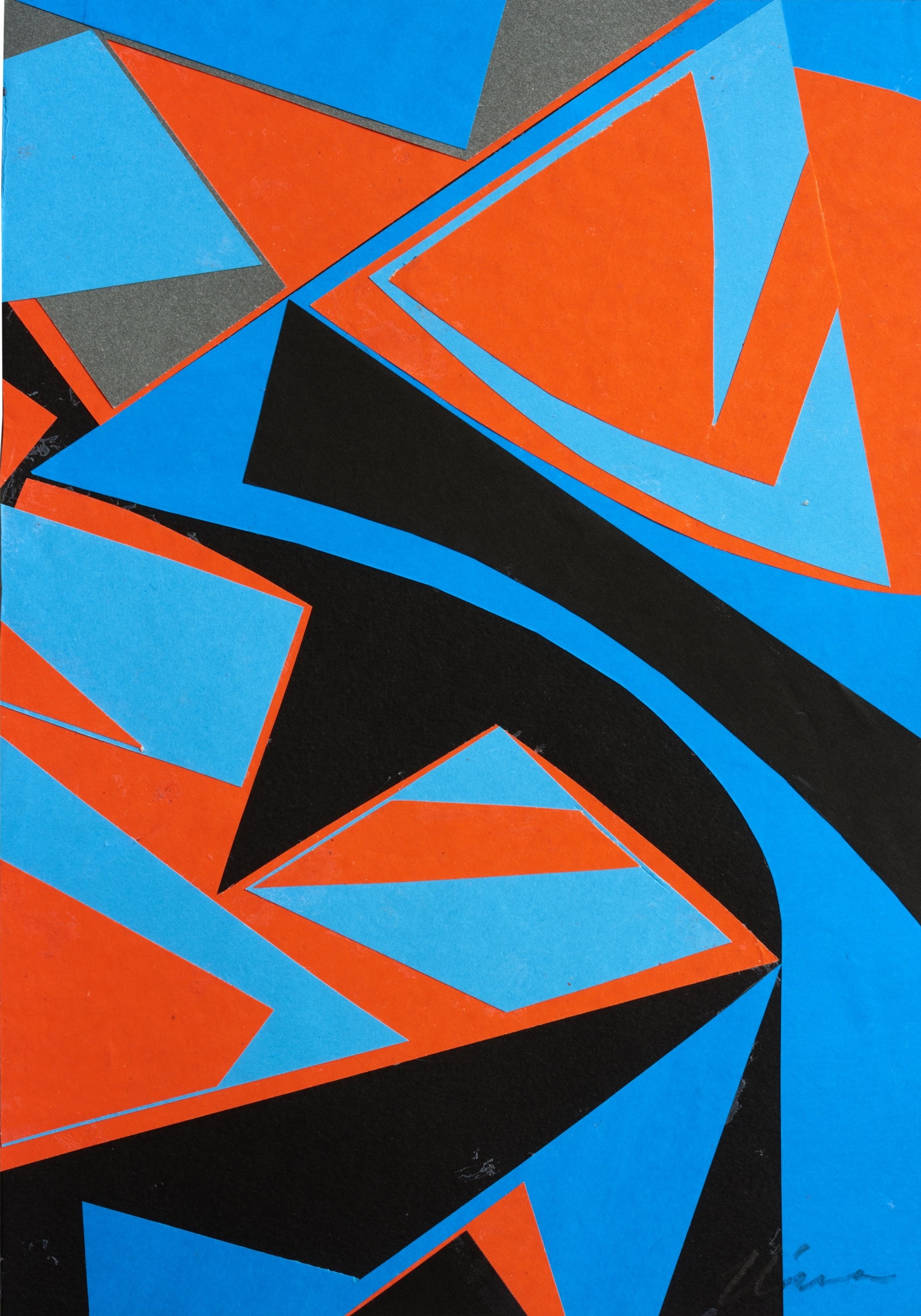 Fine art paper collage 'Colour Vision: 1' by Kika Pierides — scattered hand-cut paper shapes in yellow, orange, blue and grey on white