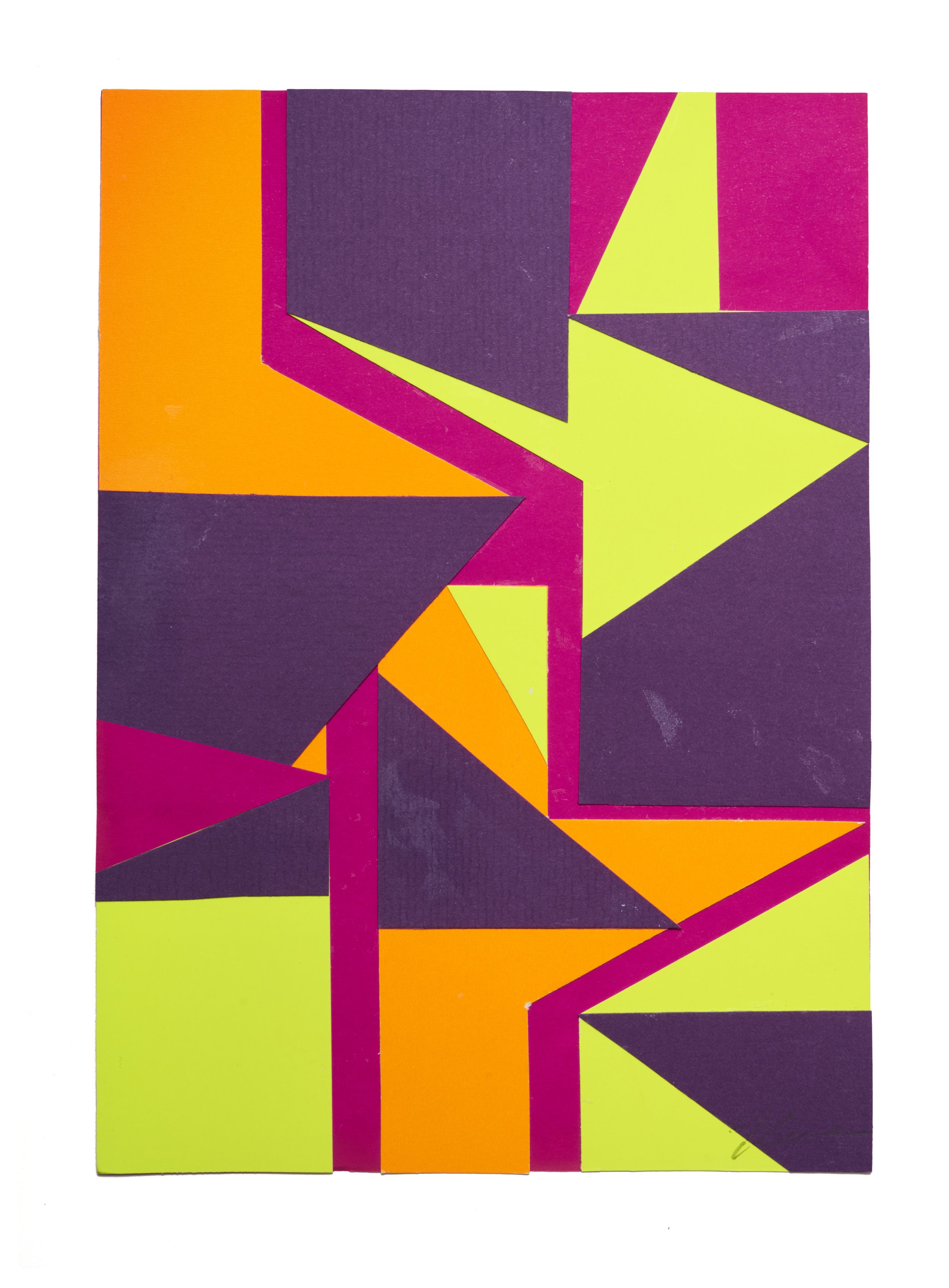 Fine art paper collage 'Bright Lights, Big City' by Kika Pierides — bold rectangular paper strips in retro yellow, red, orange and black