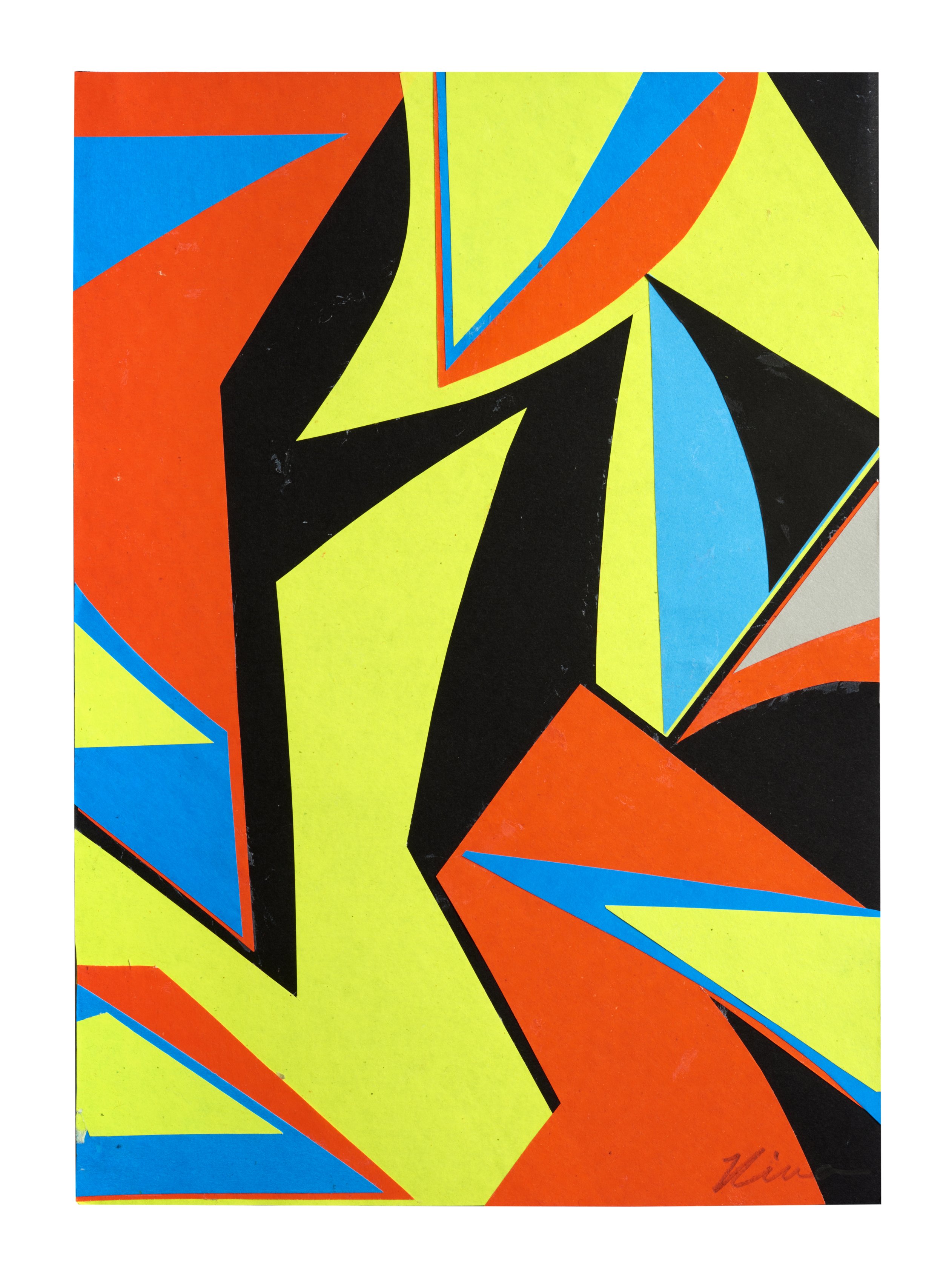 Fine art paper collage 'Untitled' by Kika Pierides — horizontal torn paper strips in green, blue, red and white