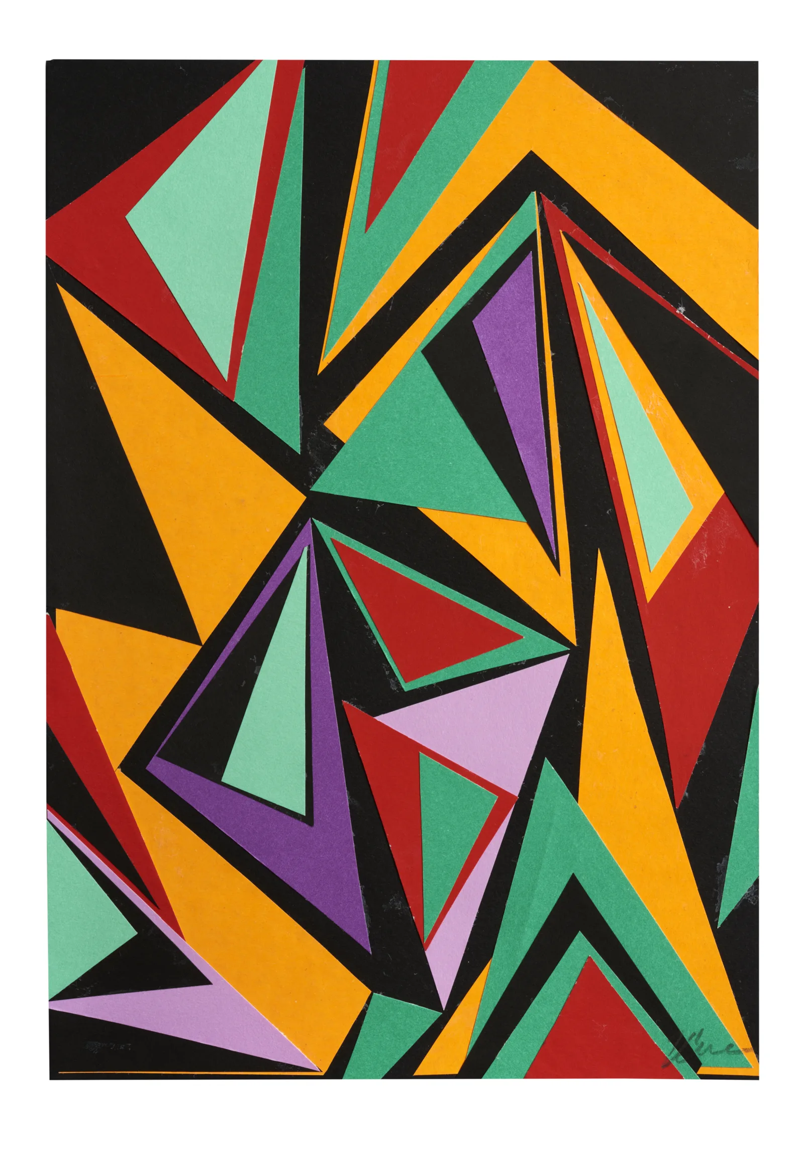 Colour Parade: 1, a colourful paper collage by Kika Pierides with orange, mint, red, green, purple and black geometric shapes.